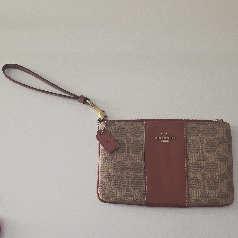 Coach Brown Signature Canvas Wristlet with Leather Trim